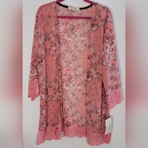 Rewind Pink Floral Crochet-Trim Open Kimono